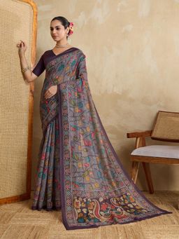 KALAASHREE - Purple Chanderi Digital Print Saree With Unstitched Blouse