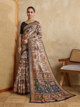 KALAASHREE - Cream Chanderi Digital Print Saree With Unstitched Blouse