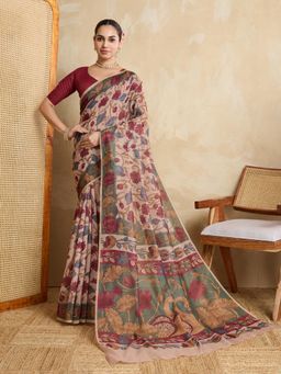 KALAASHREE - Peach Chanderi Digital Print Saree With Unstitched Blouse