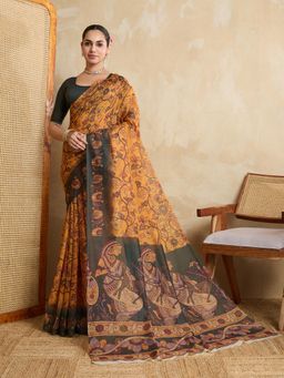 KALAASHREE - Mustard Chanderi Digital Print Saree With Unstitched Blouse