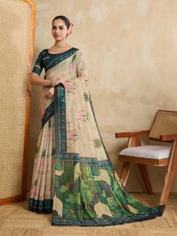 KALAASHREE - Cream Chanderi Digital Print Saree With Unstitched Blouse
