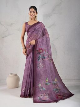 KALAASHREE - Purple Chanderi Digital Print Saree With Unstitched Blouse
