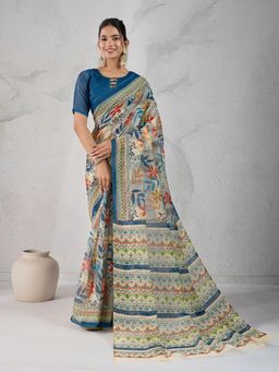 KALAASHREE - Grey Chanderi Digital Print Saree With Unstitched Blouse