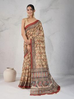 KALAASHREE - Cream Chanderi Digital Print Saree With Unstitched Blouse