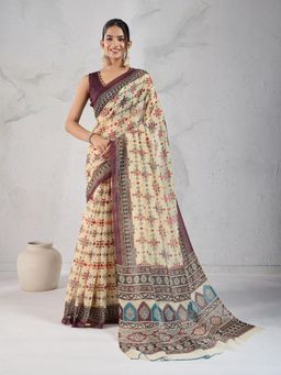 KALAASHREE - Cream Chanderi Digital Print Saree With Unstitched Blouse