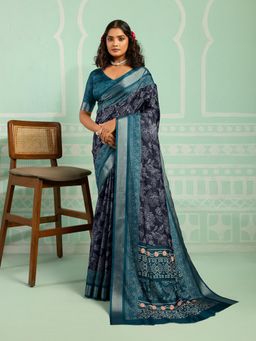 KALAASHREE - Black Silk Blend Digital Print Saree With Unstitched Blouse