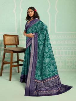 KALAASHREE - Green Silk Blend Digital Print Saree With Unstitched Blouse