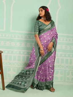 KALAASHREE - Purple Silk Blend Digital Print Saree With Unstitched Blouse