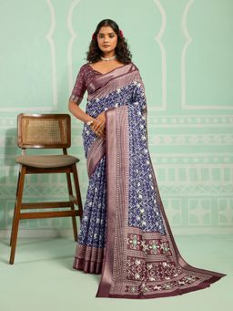 KALAASHREE - Blue Silk Blend Digital Print Saree With Unstitched Blouse