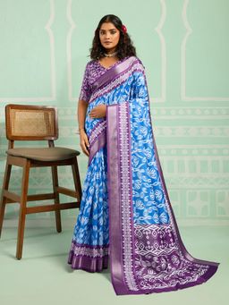 KALAASHREE - Sky Blue Silk Blend Digital Print Saree With Unstitched Blouse