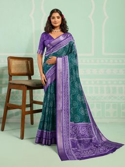 KALAASHREE - Green Silk Blend Digital Print Saree With Unstitched Blouse
