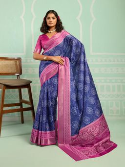 KALAASHREE - Navy Blue Silk Blend Digital Print Saree With Unstitched Blouse