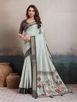 KALAASHREE - Grey Silk Blend Digital Print Saree With Unstitched Blouse