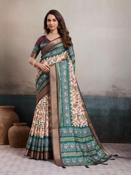 KALAASHREE - Cream Silk Blend Digital Print Saree With Unstitched Blouse