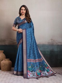 KALAASHREE - Blue Silk Blend Digital Print Saree With Unstitched Blouse