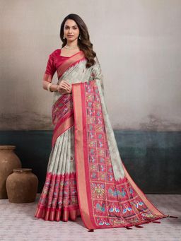 KALAASHREE - Red Silk Blend Digital Print Saree With Unstitched Blouse