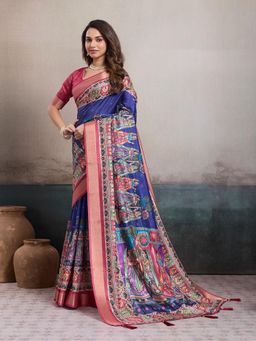 KALAASHREE - Royal Blue Silk Blend Digital Print Saree With Unstitched Blouse