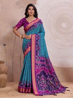 KALAASHREE - Sky Blue Silk Blend Digital Print Saree With Unstitched Blouse