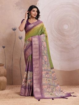 KALAASHREE - Green Silk Blend Digital Print Saree With Unstitched Blouse