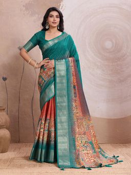 KALAASHREE - Dark Green Silk Blend Digital Print Saree With Unstitched Blouse