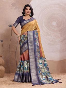 KALAASHREE - Mustard Silk Blend Digital Print Saree With Unstitched Blouse