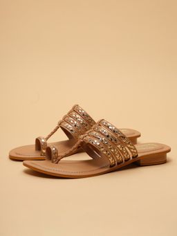 ERIDANI - Women Dhiyara Beige Braided Strap Kolhapuri Flats