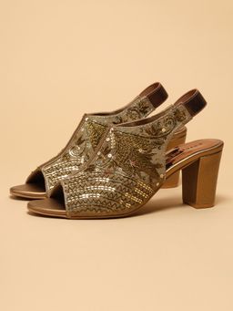 ERIDANI - Women Bronze Zaisha Antique Embroidered Block Heels