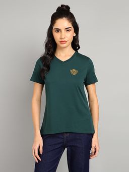 Royal Enfield - Women Green Cotton Blend V-Neck T-Shirt
