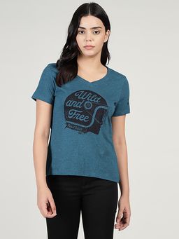 Royal Enfield - Women Blue Cotton Blend V-Neck T-Shirt