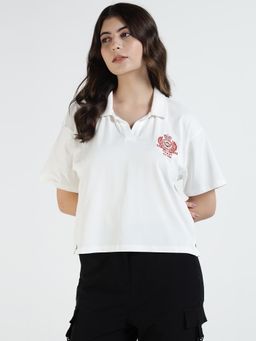 Royal Enfield - Women White Cotton Blend Collar Neck Polo T-Shirt