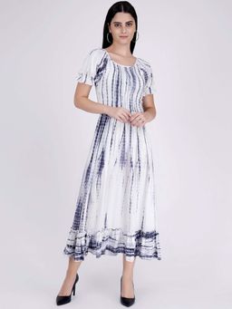 First Resort by Ramola Bachchan - Indigo Tie-dye Smocking Long Dress With Frill