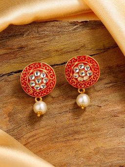 Estele - Gold Plated Flower Shaped Red Meenakari Kundan Drop Earrings for Women