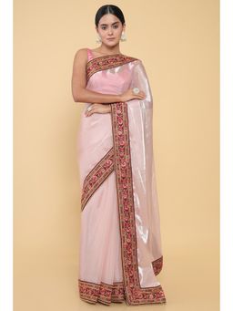 Soch - Women Pink Organza Embroidered Saree with Unstitched Blouse