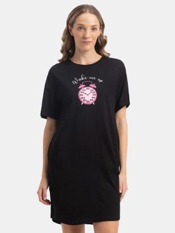 Jockey - RX90 Women Cotton Drop Shoulder Styled Printed Lounge Dress - Black