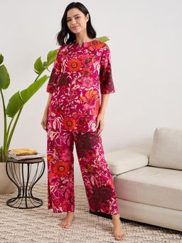 July Nightwear - Cotton Fuchsia Long Kurti & Pyjama For Women