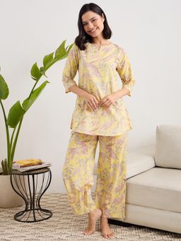 July Nightwear - Cotton Yellow Long Kurti & Pyjama For Women