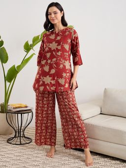 July Nightwear - Cotton Red Long Kurti & Pyjama For Women