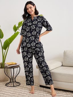 July Nightwear - Cotton Black Short Kurti & Pyjama For Women