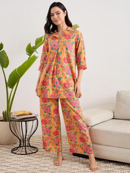 July Nightwear - Cotton Yellow Long Kurti & Pyjama For Women