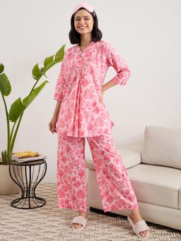 July Nightwear - Cotton Pink Long Kurti & Pyjama For Women