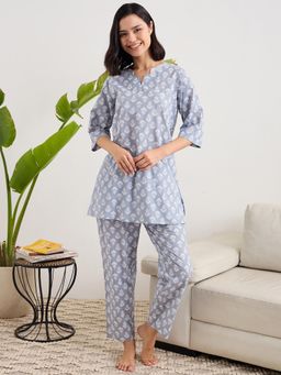 July Nightwear - Cotton Grey Long Kurti & Pyjama For Women