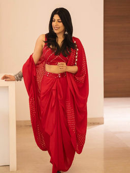 PINK CITY BY SARIKA - Red Crop Top With Cape And Skirt (Set of 3)