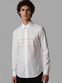 HE SPOKE - White Geometric Embroidered Casual Shirt