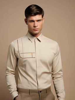 HE SPOKE - Cream Geometric Embroidered Casual Shirt