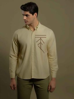 HE SPOKE - Cream Geometric Embroidered Casual Shirt