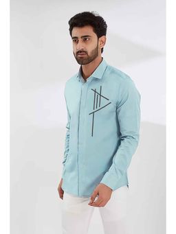 HE SPOKE - Blue Geometric Embroidered Casual Shirt