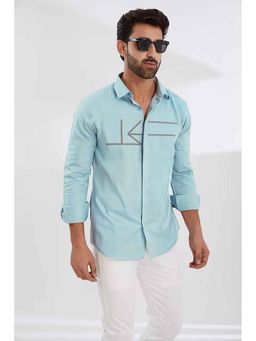 HE SPOKE - Blue Geometric Embroidered Casual Shirt