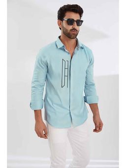 HE SPOKE - Blue Geometric Embroidered Casual Shirt
