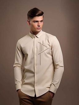 HE SPOKE - Cream Geometric Embroidered Casual Shirt