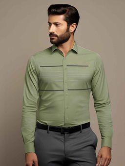 HE SPOKE - Green Geometric Embroidered Casual Shirt